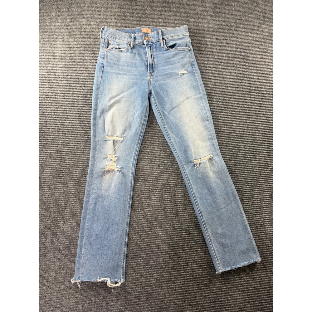 Mother Denim High Waisted Straight Leg Distressed Jeans Light Wash Frayed Hem